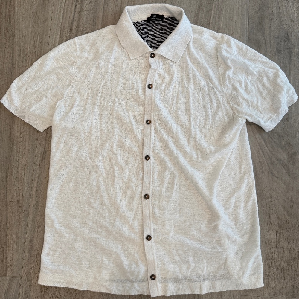 Malagrida Short Sleeve Button Down Polo Sweater Linen Blend Italy Medium White